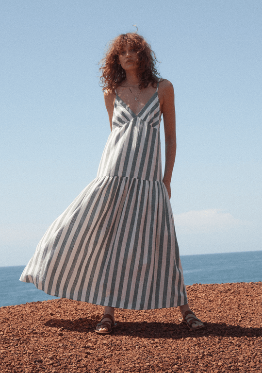 V Neck White Striped Maxi Dress Marie Oliver Levine Striped Maxi